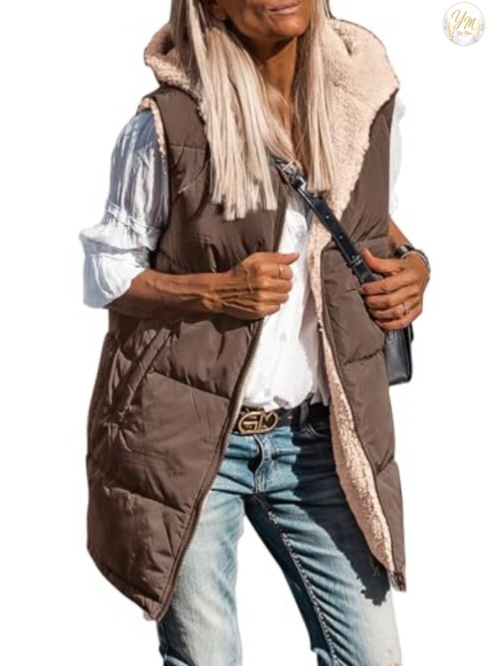 Reversible Fleece Long Vest Hooded Zip Up Sleeveless Winter Outerwear